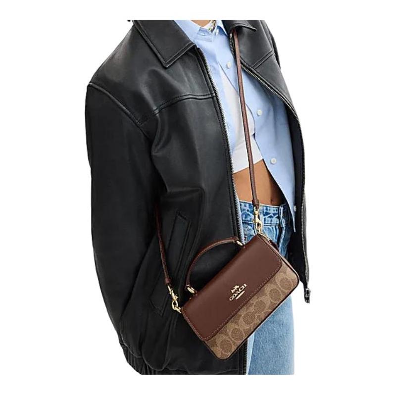 COACH Josie 18 brand logo buckle closure, faux leather and cow leather, shoulder crossbody bag, small, women's, tan and brown