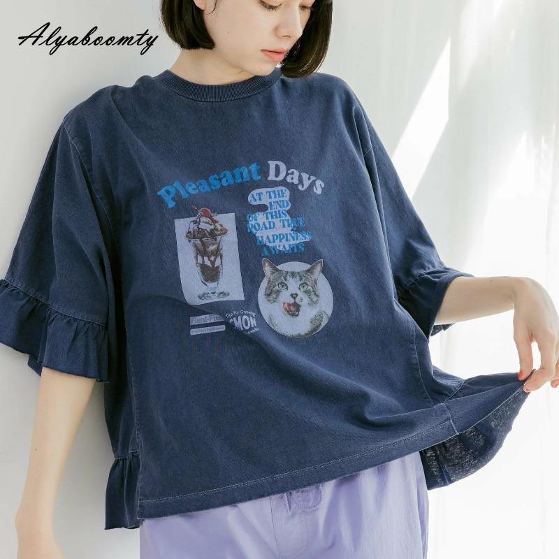 Koreansk Stil Pluss Størrelse Sommer Dame T-skjorte Kort O-hals Tegneserie Bokstavtrykk Oversized T-skjorte Flare Erme Baggy Casual Løs Bomullstopp