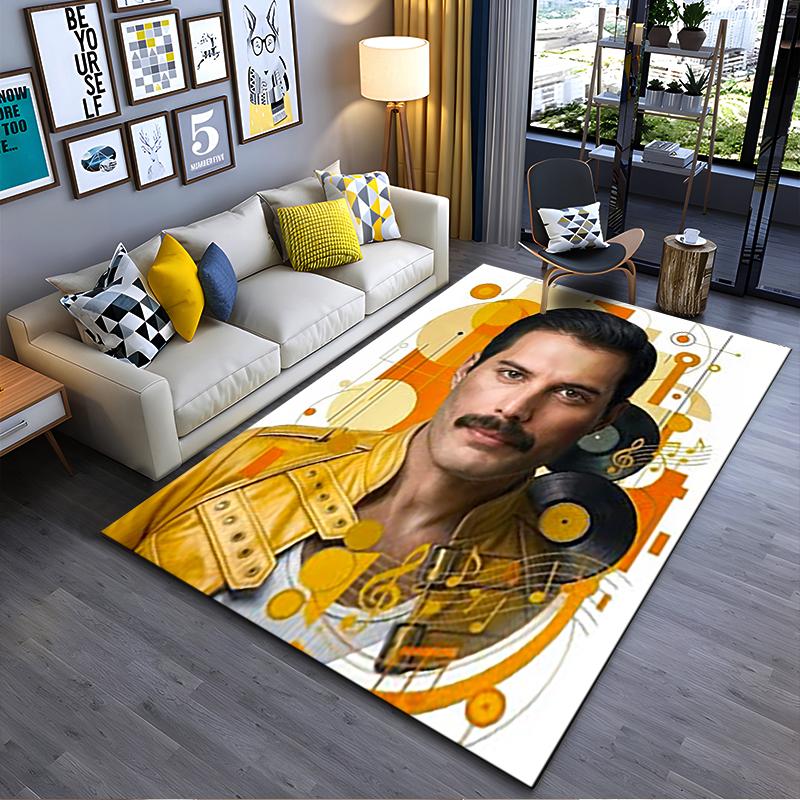 Pop Culture Area Rug, Freddie Mercury Yellow Jacket Orange Vinyl Geometric Poster, Man Cave Decor, Non-Slip Mat
