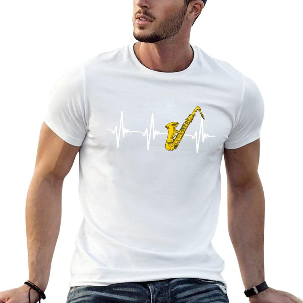 Saxophone Saxophoniste Battement de Cœur Fanfare Cadeau T-shirt Coton T-shirts Unisexe 100% Unisexe T-shirt d'Été