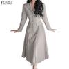 ZANZEA Women Casual Turn Down Collar Long Sleeve Midi Dress