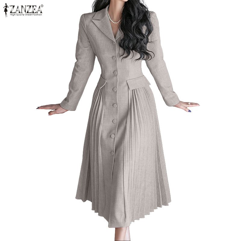 ZANZEA Women Casual Turn Down Collar Long Sleeve Midi Dress