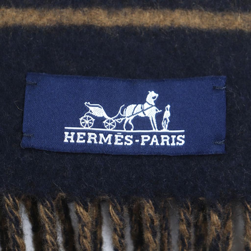 Excellent HERMES Scarf Sangle a Bookle With Fringe Navy Cashmere Mens Used