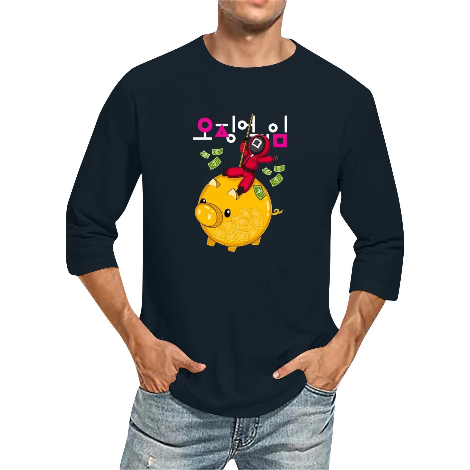 

Мужская модная повседневная футболка с принтом и рукавом семь восьмых, круглым вырезом M тёмно-синий