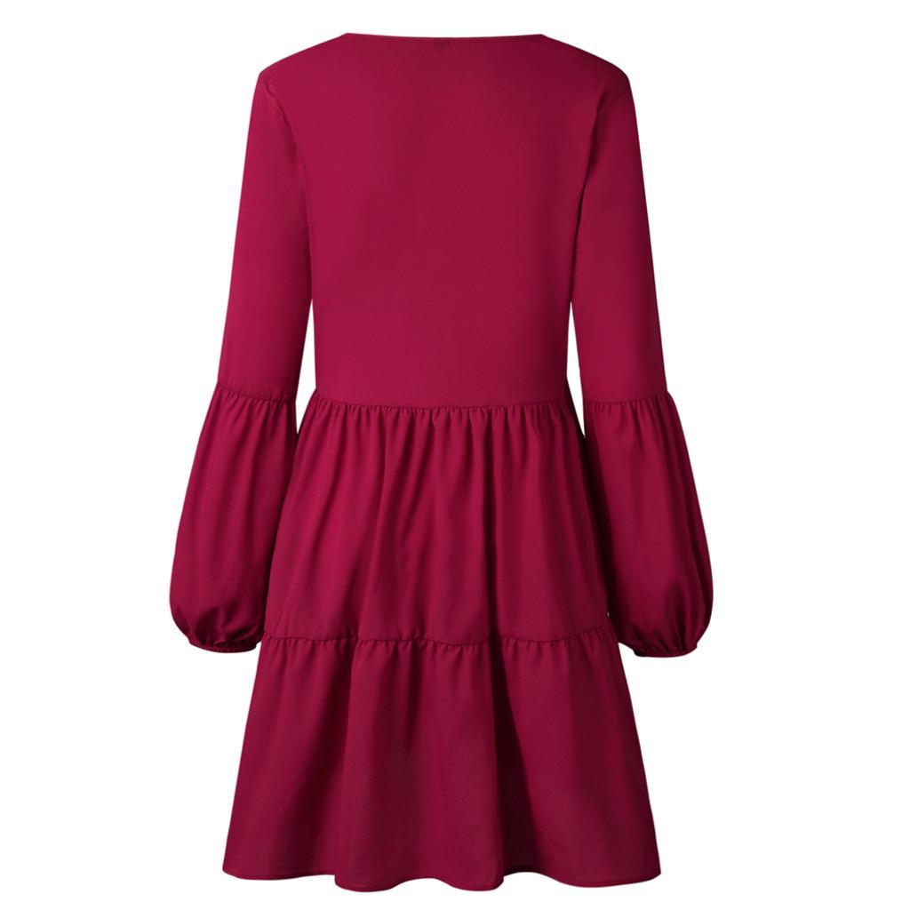 Fashion Women Long Sleeve V-Neck Draped Flowy Swing Dress