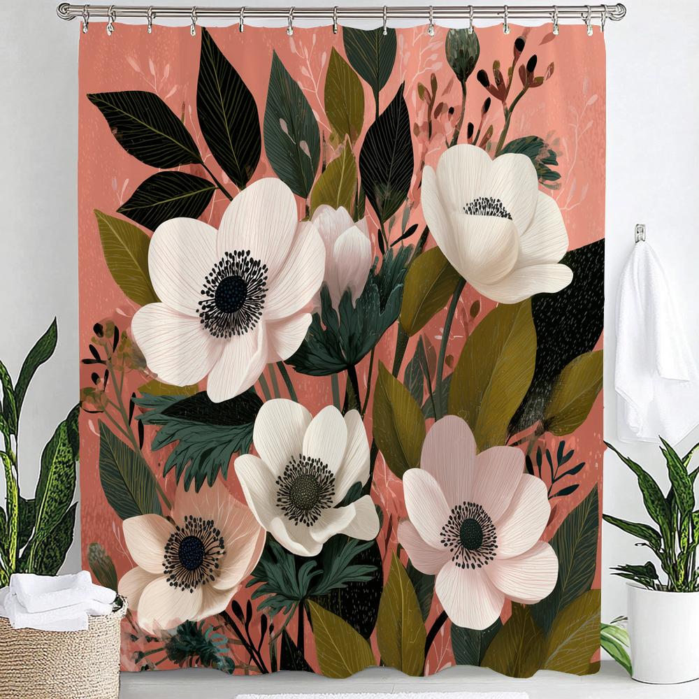 1pc Beautiful Blue Flowers Shower Curtain, Bathroom Decorative Curtain, Floral Printed Polyester Home Curtain with Hooks