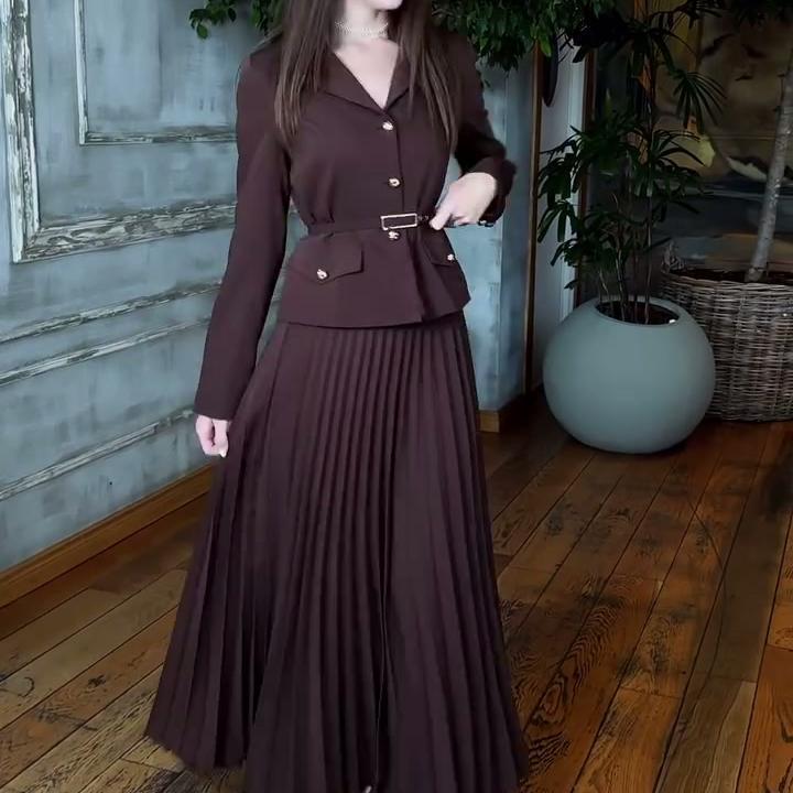 2025 Damsort Chic Bältad Cardigan Kostymjacka & Långklänning Set