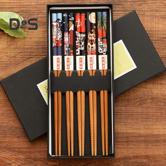 Anti-Rutsch 5 Paar Essstäbchen, gratfrei, lebensmittelecht, guter Halt, antihaftbeschichtet, Essen, 6 Stile, Blumenmuster, Bambus-Essstäbchen