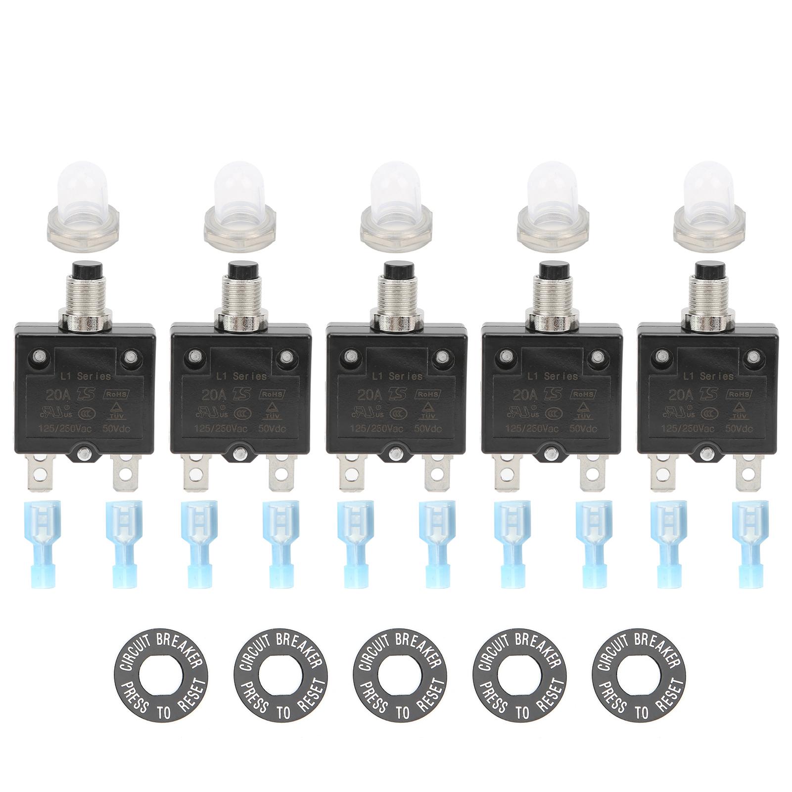 

20A Overload Thermal Circuit Breaker with Quick Connect Terminals Waterproof Cap Push Button Manual