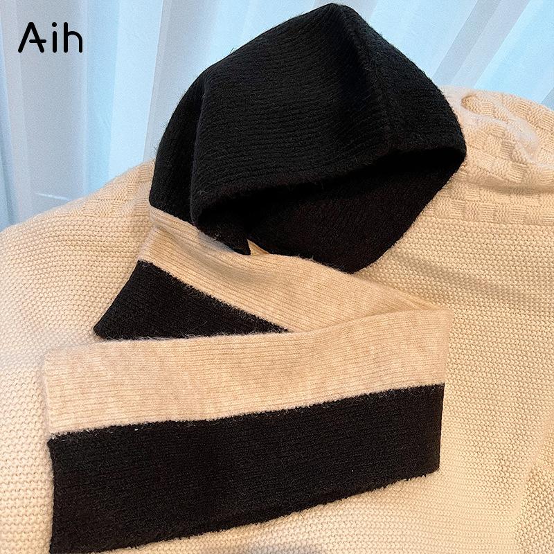 Autumn and winter new hats, scarves, integrated warmth, ear protection, scarves, cycling windproof hats, women's knitted hooded color matching