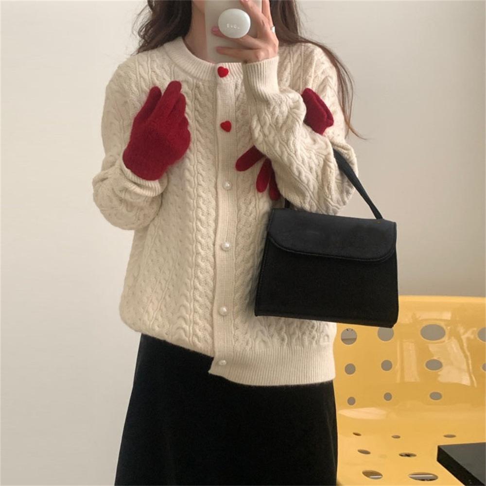 Autumn and Winter Women's  Sweater Round Neck Love Button Fried Dough Twists Knitted Cardigan