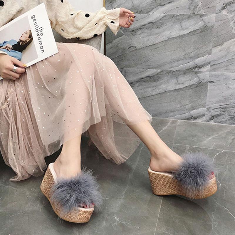 platform slippers fluffy