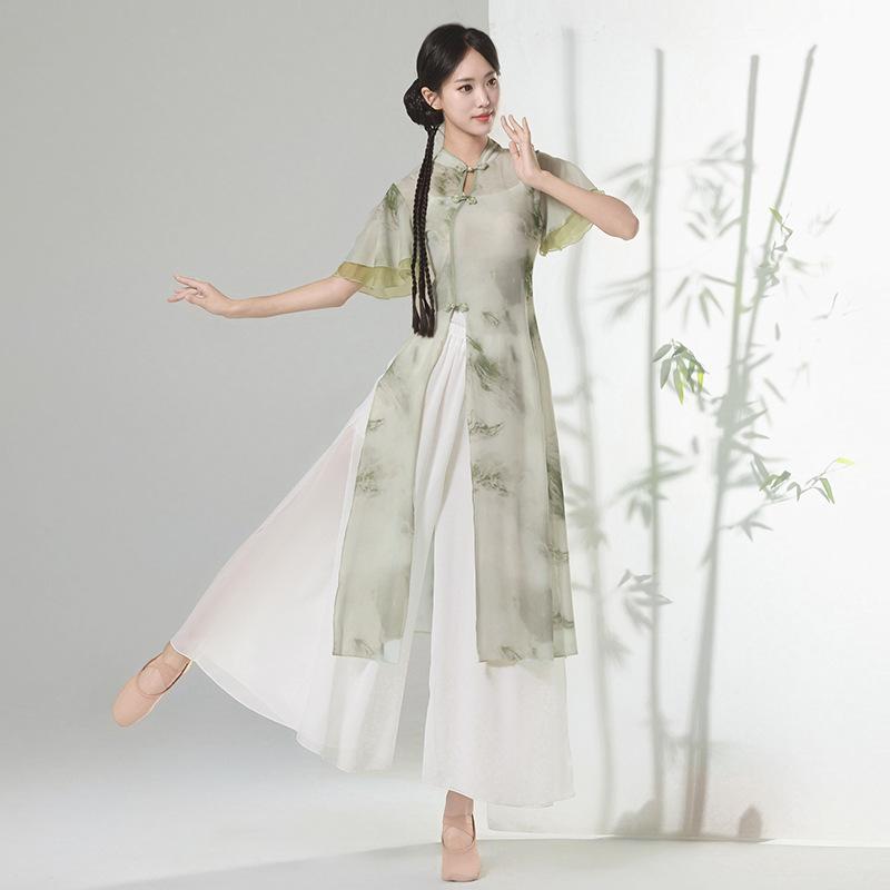 Women's Chinese Traditional Dance Dress, Bamboo Print Cheongsam Style Flowy Practice Costume For Tea Art & Folk Dance