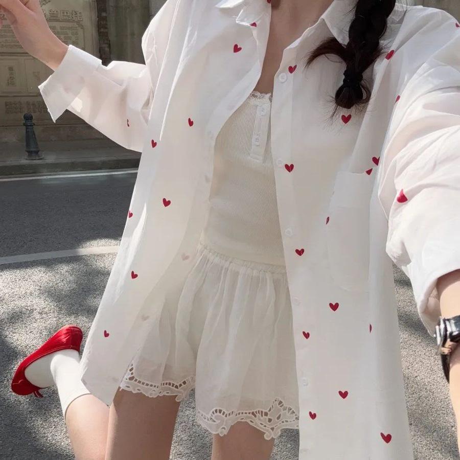 2026 Elegant White Love Print Long Sleeve Casual Spring and Summer Top