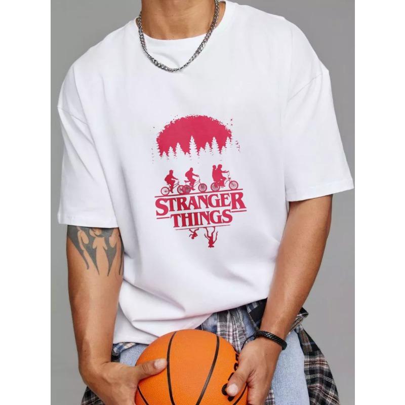 Koszulka Stranger Things Biała Jazda na Rowerze Nadruk Lasu i Tekst Odzież Codzienna dla Mężczyzn i Kobiet