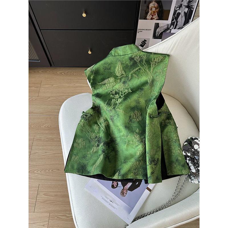 Gilet Jacquard Verde Letteratura Cinese Retrò Gilet Versatile Chic Classico Canottiera Senza Maniche Femminile Top