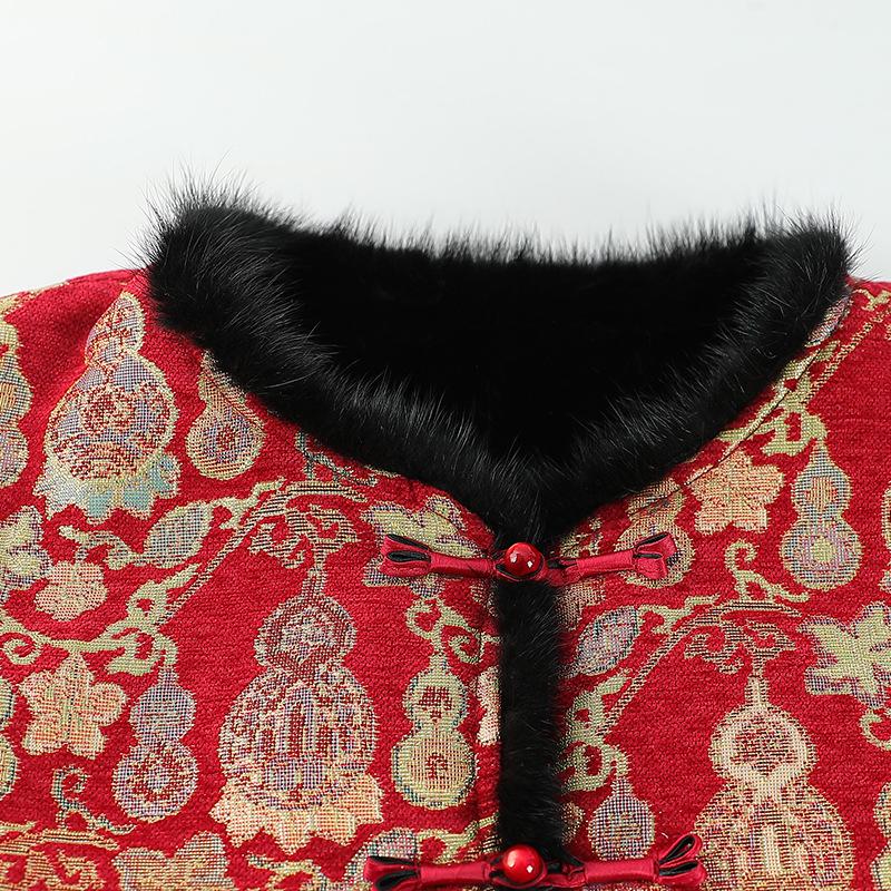 Vintage Chinese-Style Reversible Plush Jacket for Women, Cross-Collar with Frog Buttons, Tang Suit Top for Middle-Aged and Elderly
