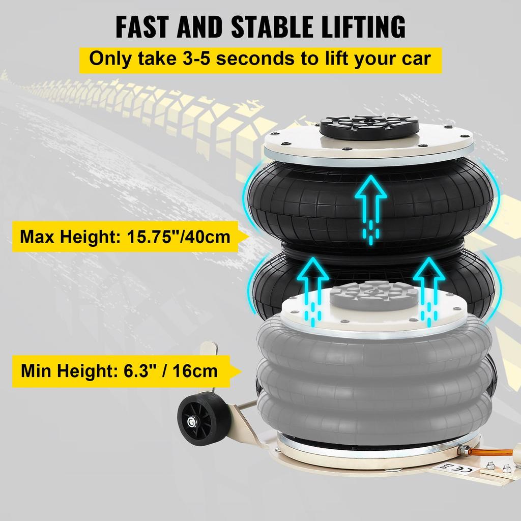 VEVOR 5 Ton/4999.9 kg Pneumatic Jack Triple Bag Air Jack Lifting Height 16.5-40.6 cm Inflatable Car Jack Lifter Pneumatic Air Jack 4999.9 kg Capacity