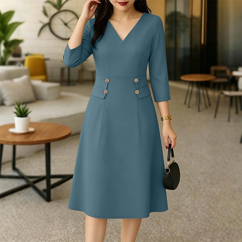 

ZANZEA Women Casual V-Neck Solid Color 3/4 Sleeve Elegant Dress 5XL темно-синього кольору