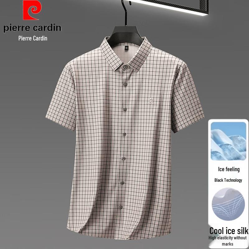 Pierre Cardin Men's Ice Silk Plaid Short-Sleeve Casual Shirt