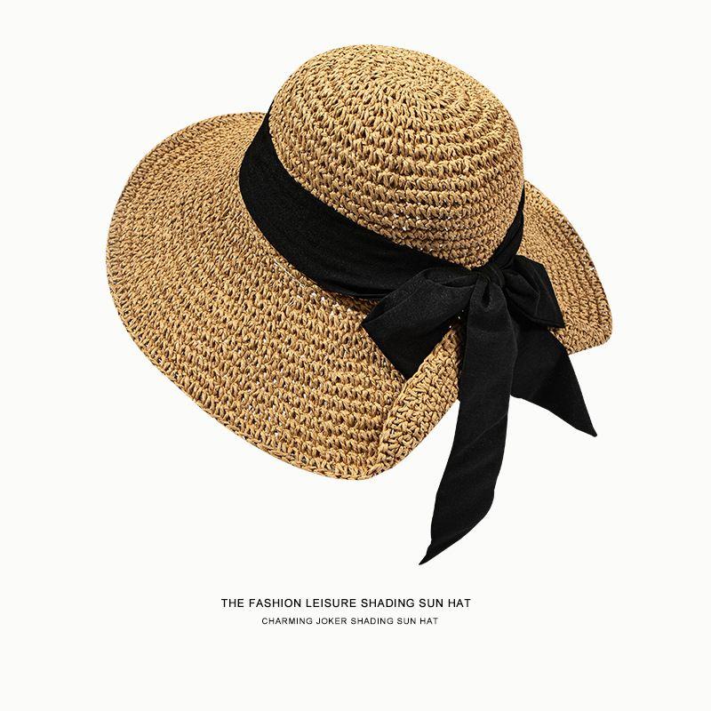 

Bows Straw Edge Visor Straw Hat Summer Hat Sun Hat Female Sun Protection UV Protection Foldable Beach Big Brim Black Bows straw hat-Khaka All yards