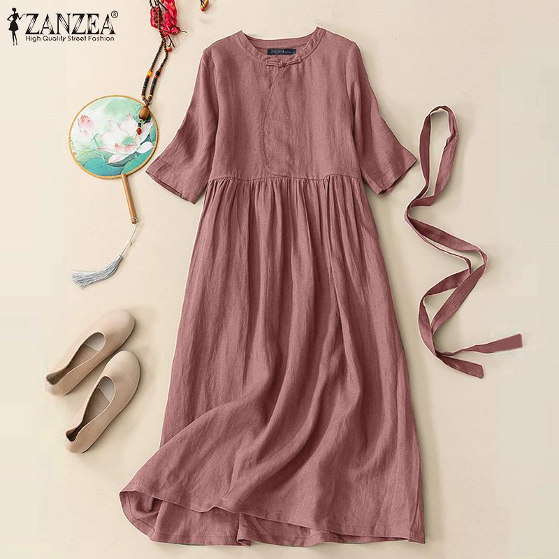 

ZANZEA женское летнее хлопковое платье однотонное повседневное платье с круглым вырезом до середины икры с короткими рукавами