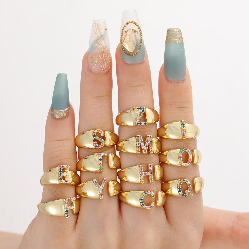 Fashionable Colorful Zircon Alphabet Adjustable Retro Ring