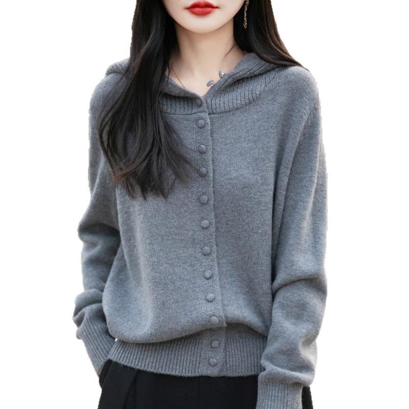 Hooded knitted cardigan women's single-breasted sweater jacket autumn and winter new casual loose hooded sweater stacked top