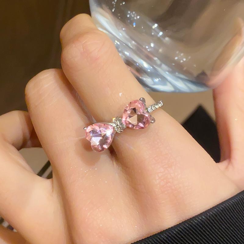 Korean Rhinestone Heart Bow Open Ring - Elegant Luxury Jewelry for Women