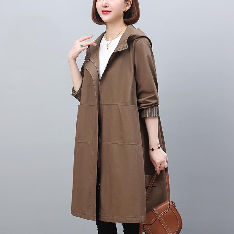 Women's 2024 Mid-Length Hooded Trench Coat for Spring & Autumn - Elegant Casual Style for Middle-Aged & Elderly