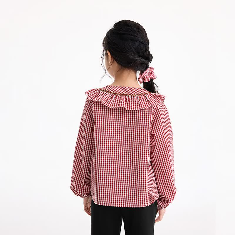 Girls' Plaid Peter Pan Collar Lantern Sleeve Shirt