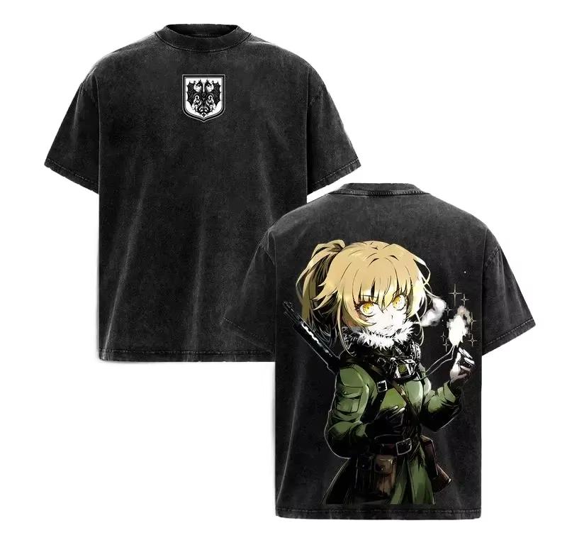 Washed Cotton Short Sleeve Summer T-shirt with Tanya von Degurechaff Print From Anime Saga of Tanya the Evil T-shirt L