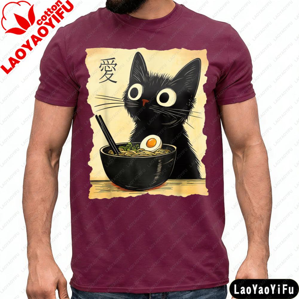 Black Cat Ramen Love Japanese Art Printed Shirt Summer Casual Fashion Unisex TShirt Cat Lovers Food Theme Tee Men Cotton Tops