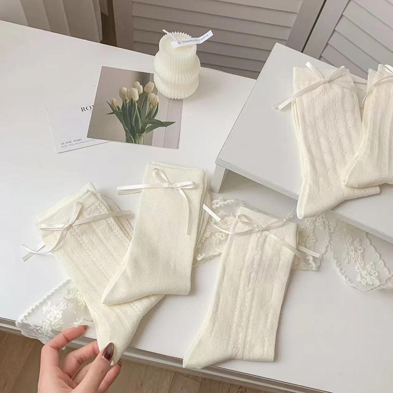 4 Pairs Women Butterfly Bow Net Eye Mid Tube Socks Spring Summer Sweat Absorbing Breathable Sweet Ballet Style Casual Socks