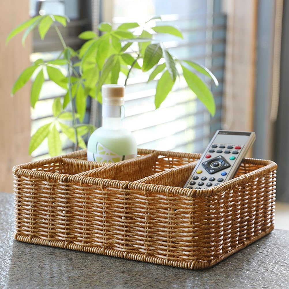 Luxshiny Rectangular Woven Storage Basket with 4 Compartments Table Divided Key Basket Box Wallet Tray Entryway Organizing Utensil Holder for Tissue