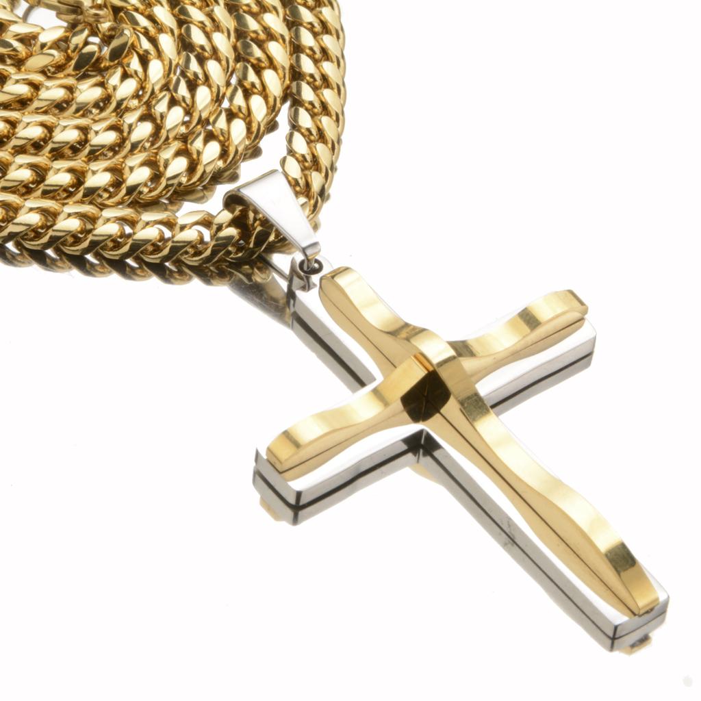 Hochglanzpolierte Edelstahl-Kreuz-Halsketten, Kruzifix-Anhänger und Halskette für Frauen und Männer, Vintage-Edelstahl, 6 mm Miami-Kette