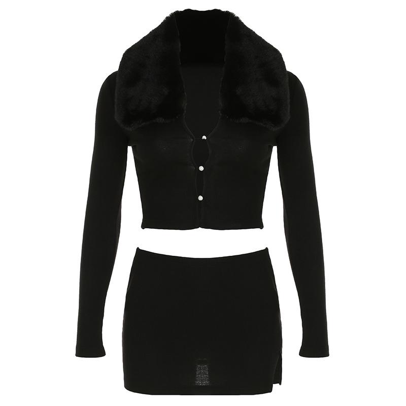 

Зимний комплект из кардигана с меховым воротником и юбки с высоким разрезом Large чёрный