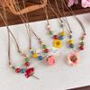Retro Forest Ceramic & Colorful Beads Necklace with Dried Rose & Daisy Flowers - Artistic Long Collarbone Chain for Women