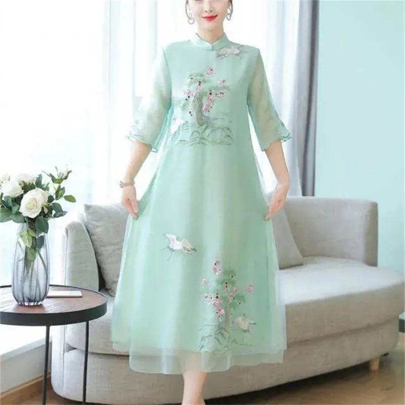 Summer Women Cheongsam Improved Dress Retro Elegant Embroidery Long Dresses Floral Party Dress Chinese Female Clothing