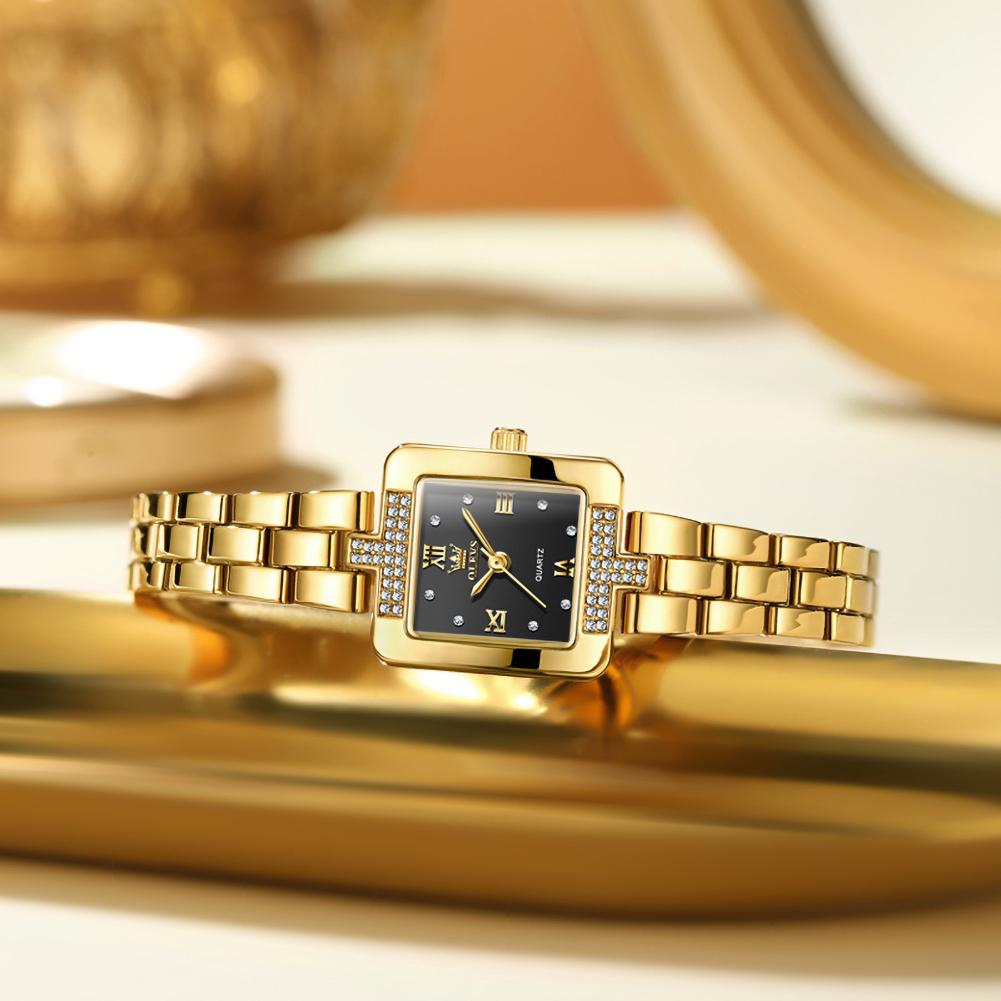 OLEVS Elegante Damen-Quarzuhr Goldenes Quadratisches Gehäuse Strassstein Diamantbesetztes Metallarmband Wasserdichte Armbanduhr Geburtstagsgeschenk