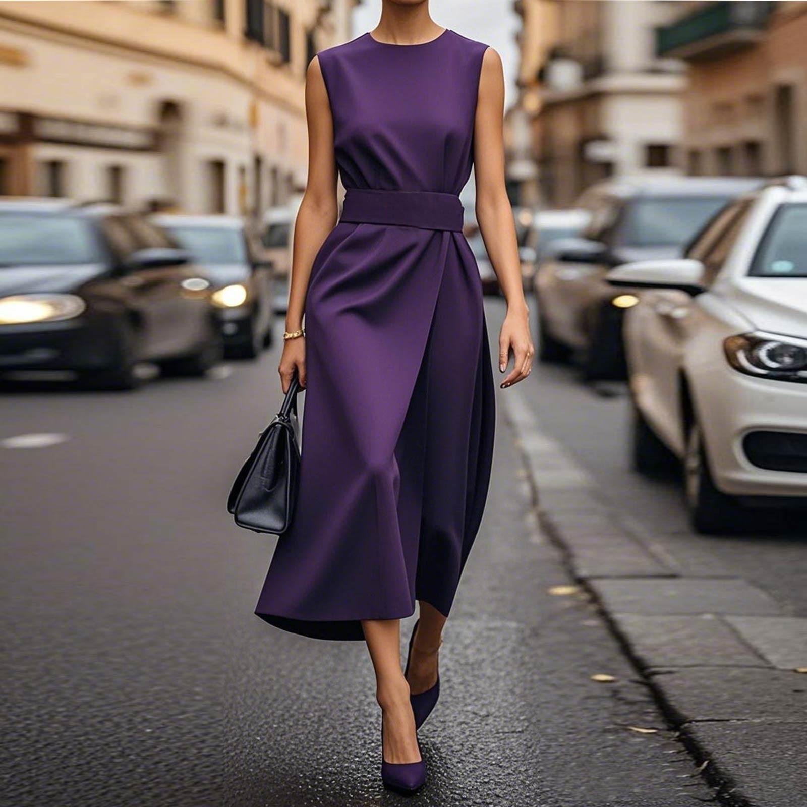 Women s Fashion Casual Color Zipper Sleeveless Round Neck Dress With Belt XXL
