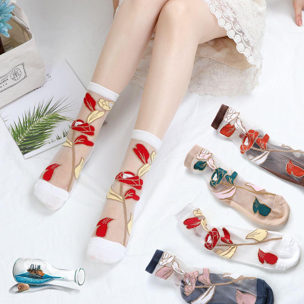 3 Pairs Women's Thin Summer Stockings Transparent Crystal Silk Long Tube Wear-resistant Cotton Sole Anti Slip Retro Ice Stockings