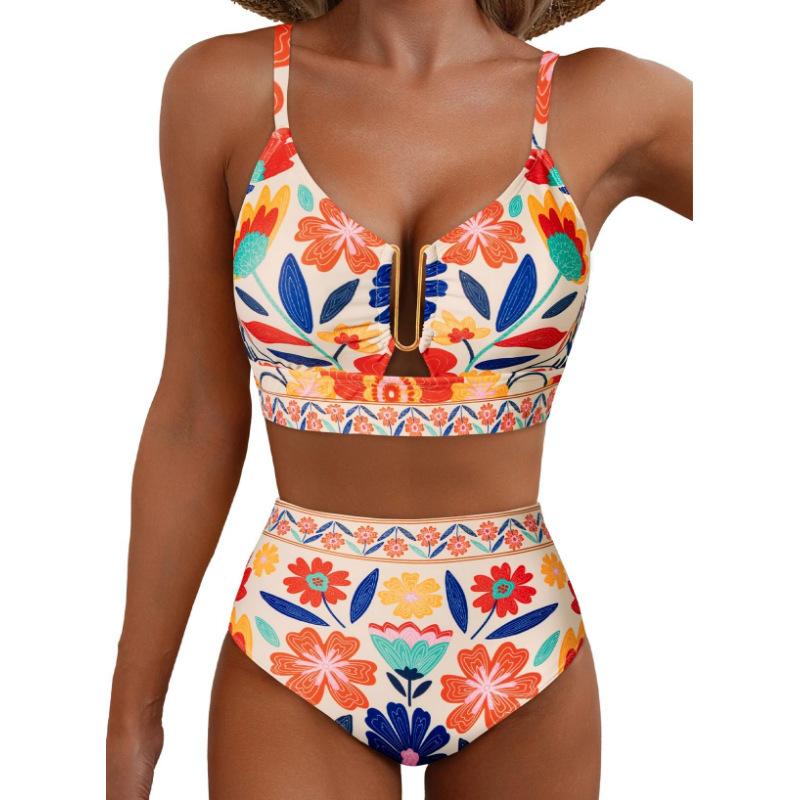 Women Floral High Waisted Bikini U Metal Ring Front Two Piece Spaghetti Strap Beach Swimsuit