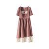 Plus size women clothing [Idyllic Dream] Chubby Girl Slimming Red Plaid Dress Lace Stitching Cherry Floral Dress