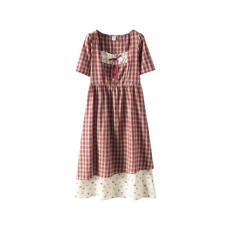 Plus size women clothing [Idyllic Dream] Chubby Girl Slimming Red Plaid Dress Lace Stitching Cherry Floral Dress