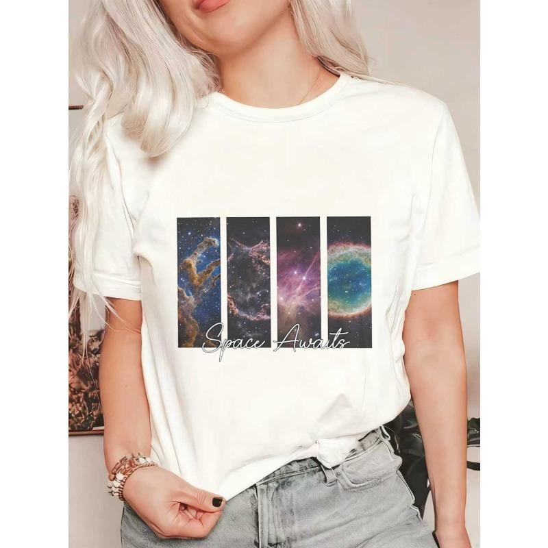 

Oversized T Shirt Black Space Nebula Galaxy Print With Space Awaits Text Casual Everyday Wear XXXXL белый