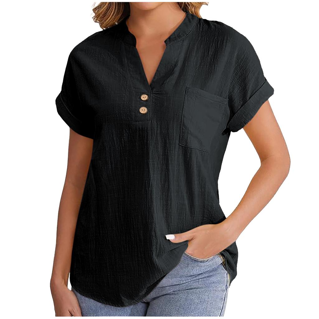 Women's Solid Color V-neck Short Sleeve Button Shirt In Breathable Cotton Linen with Washed Wrinkle, Fashionable European/American Style