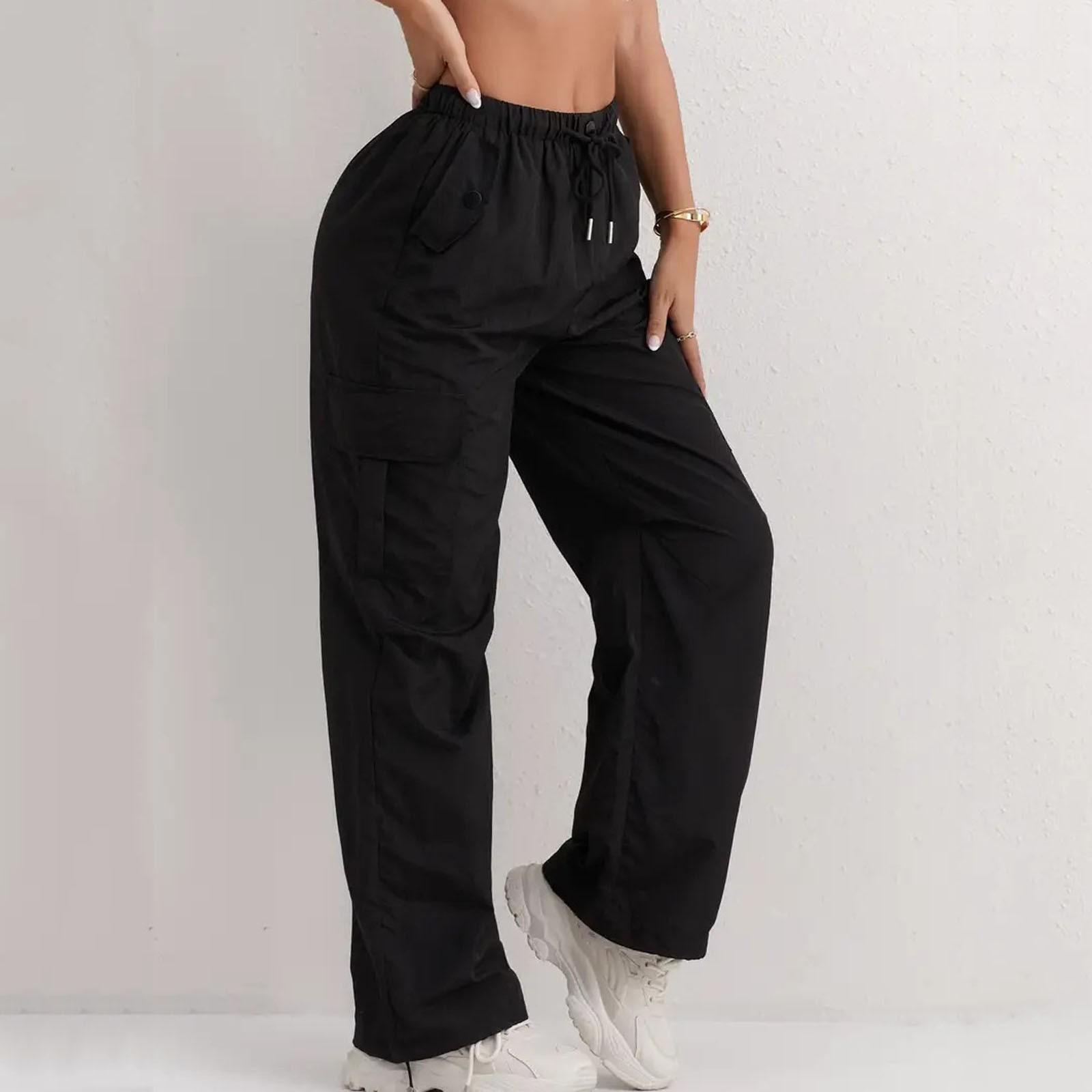 

Женские однотонные быстросохнущие брюки с высокой талией и шнурком, повседневные широкие спортивные брюки-карго XL чёрный
