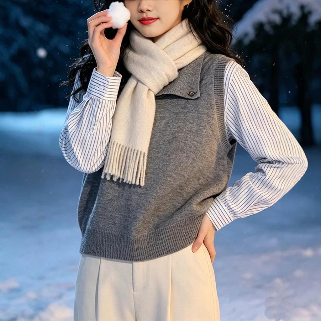 Gray Striped Knit Sweater with Spliced Lapel - Women's Loose Fit, Long Sleeve, Two-in-One Design for Autumn/Winter
