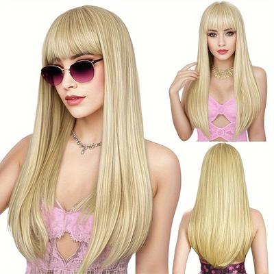 Peruci blonde sintetice cu breton, perucă lungă mătăsoasă dreaptă pentru femei, perucă cosplay, petrecere, rezistentă la căldură, costum zilnic